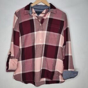 Tommy Hilfiger Burgundy Pink Plaid Medium Popover Shirt Roll Tab Sleeve Boho Top